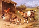 Edgar Hunt Canvas Paintings - A Farmyard scene with goats and chickens
